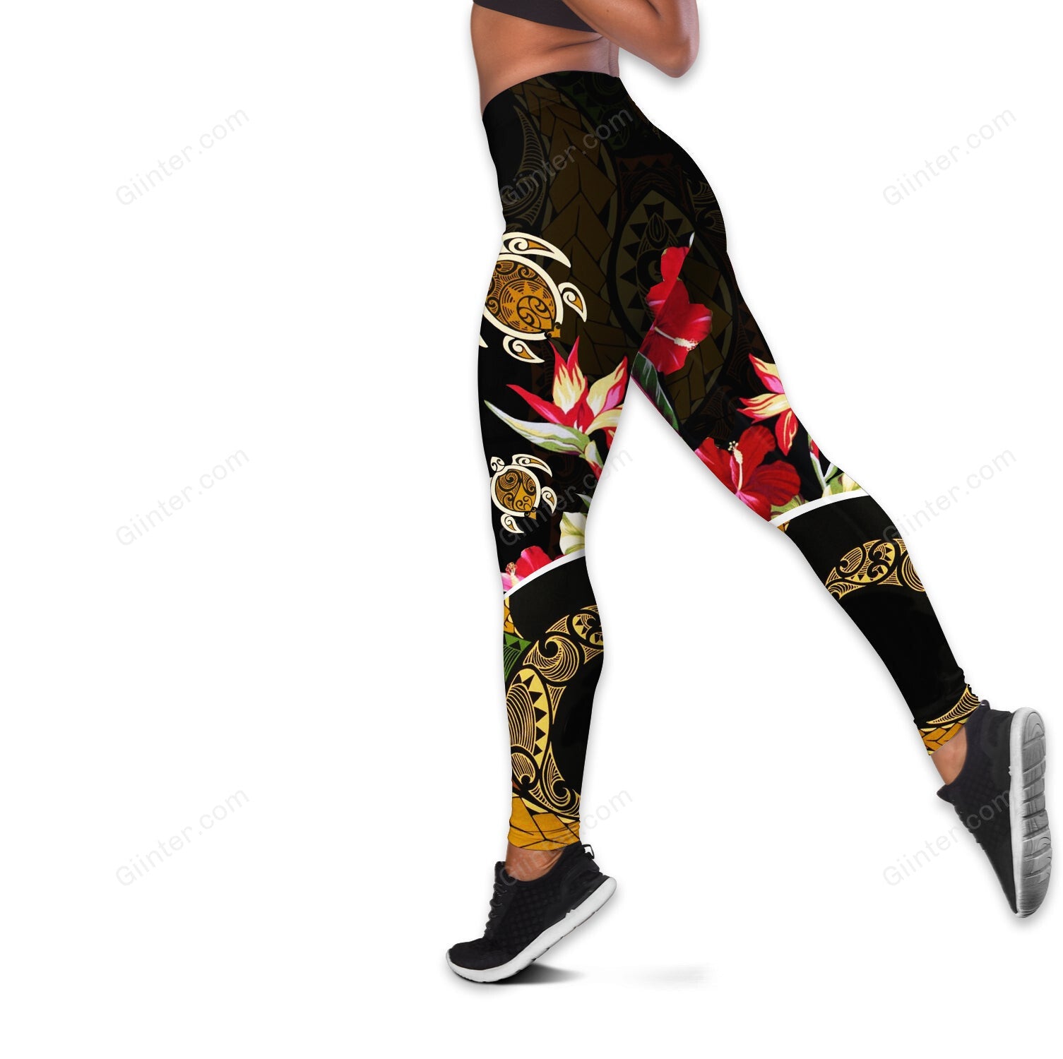 Polynesian Sea Turtle Tattoo and Hibiscus Women Tank Top & Legging 24