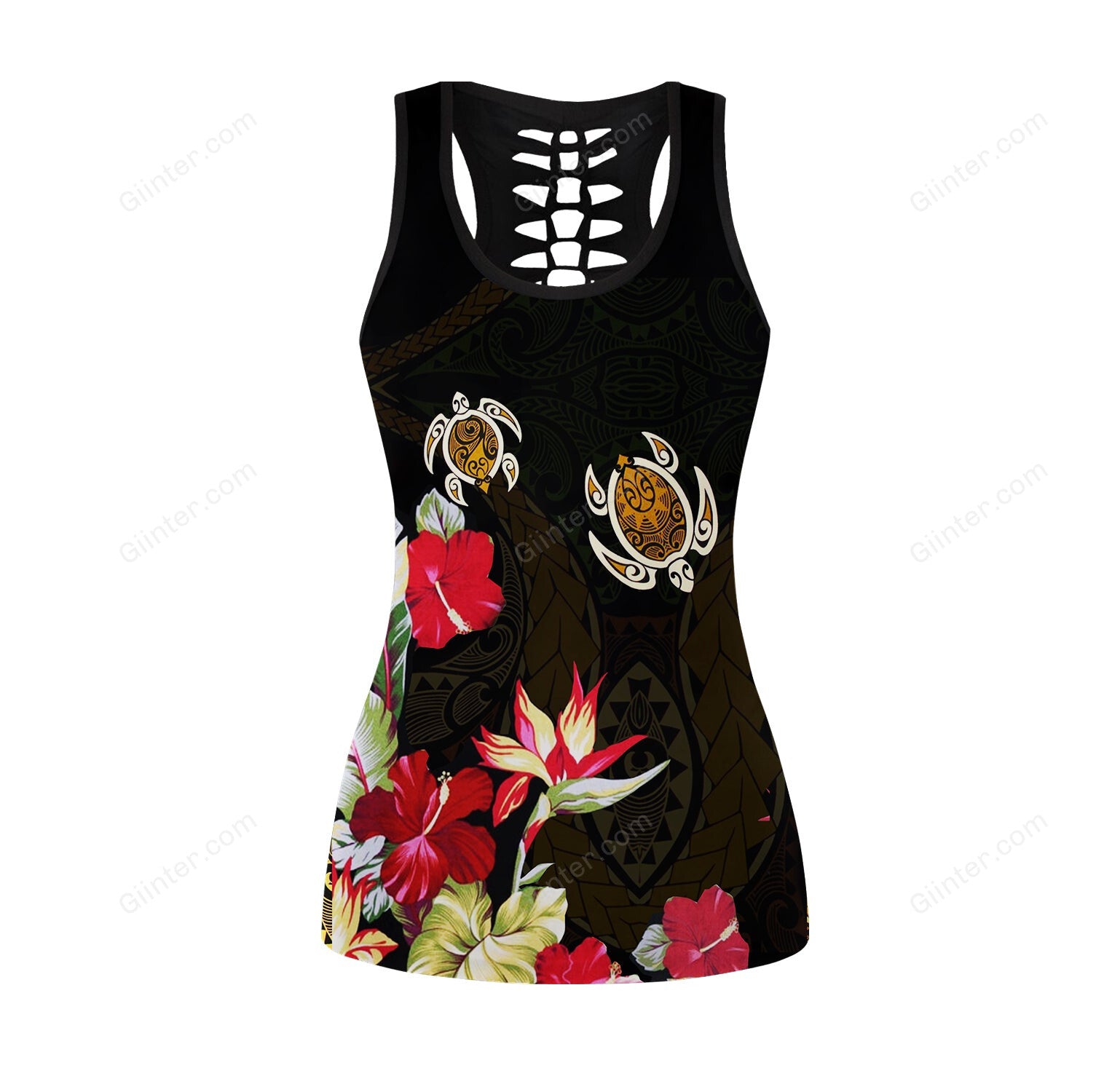 Polynesian Sea Turtle Tattoo and Hibiscus Women Tank Top & Legging 24