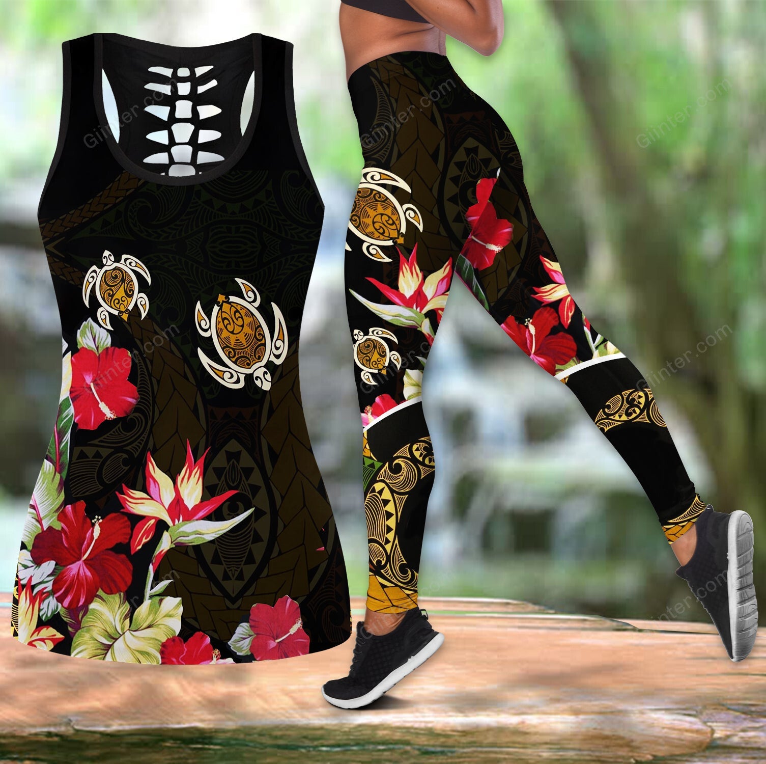 Polynesian Sea Turtle Tattoo and Hibiscus Women Tank Top & Legging 24