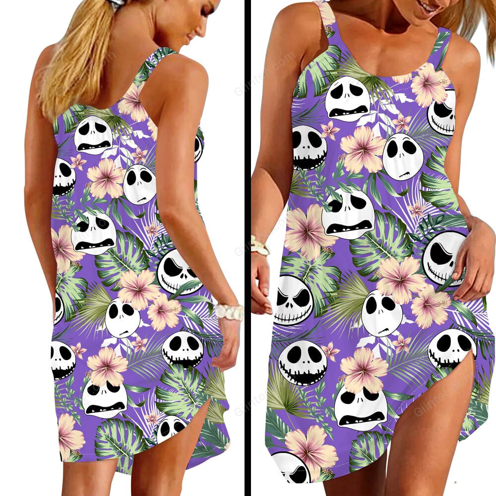 Purple Tropical Jack Skellington Criss-Cross Tank Top & Sleeveless Beach Dress GINNBC75682