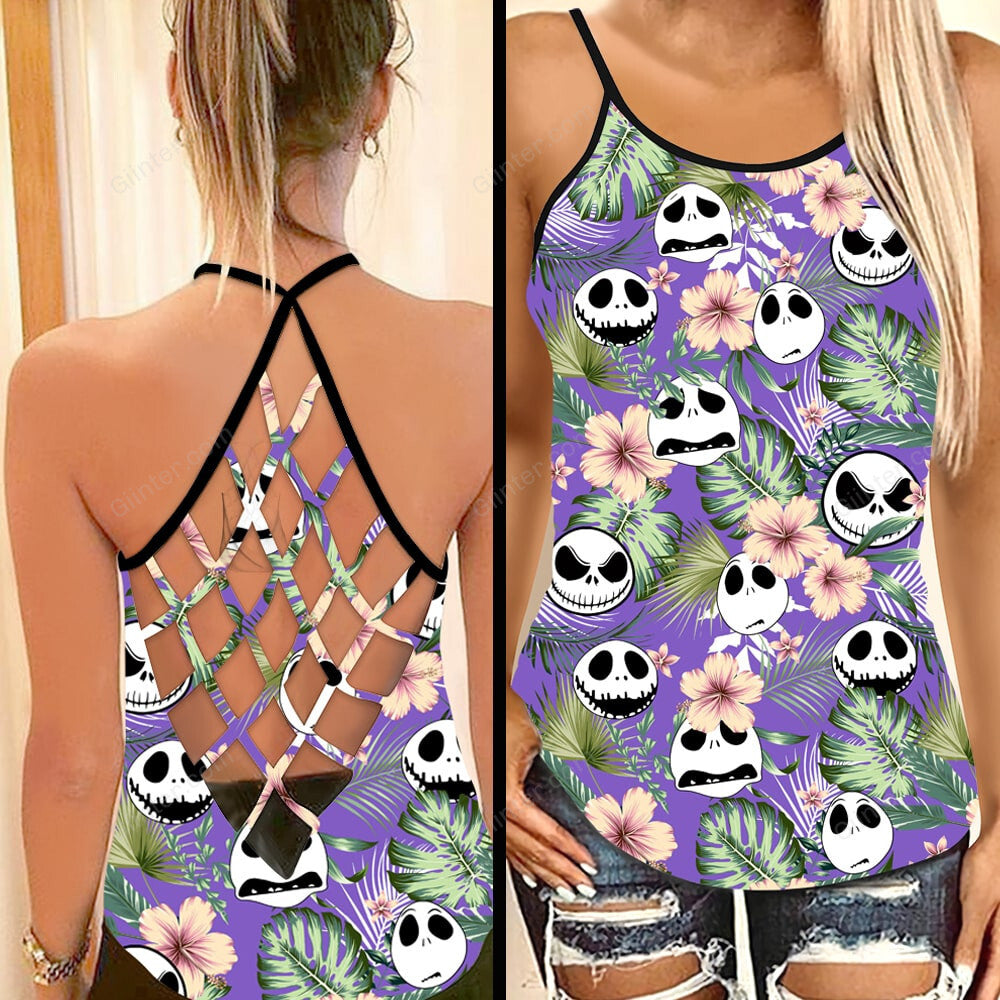 Purple Tropical Jack Skellington Criss-Cross Tank Top & Sleeveless Beach Dress GINNBC75682