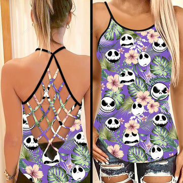 Purple Tropical Jack Skellington Criss-Cross Tank Top & Sleeveless Beach Dress GINNBC75682