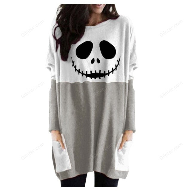 Scary Face Pumpkin Print Dress Stitching Color Long Sleeve Pocket Dress