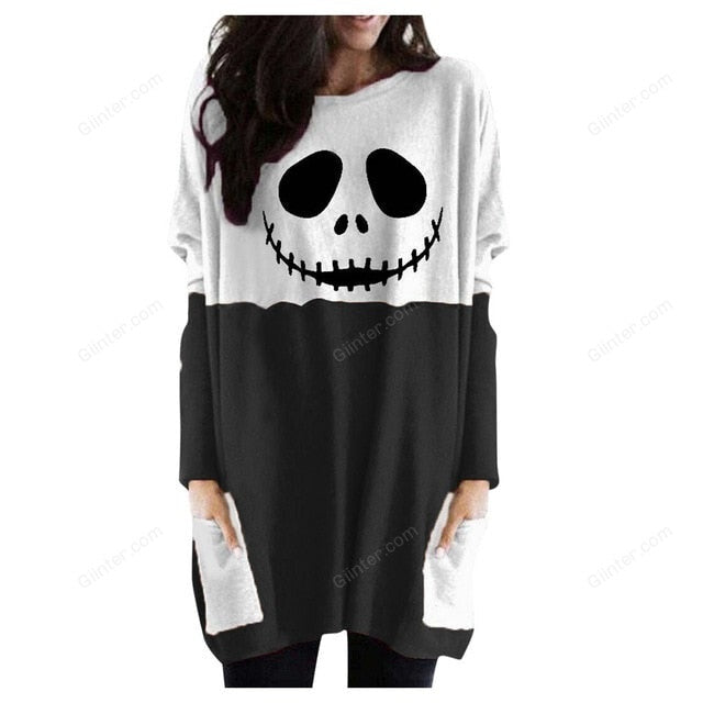 Scary Face Pumpkin Print Dress Stitching Color Long Sleeve Pocket Dress