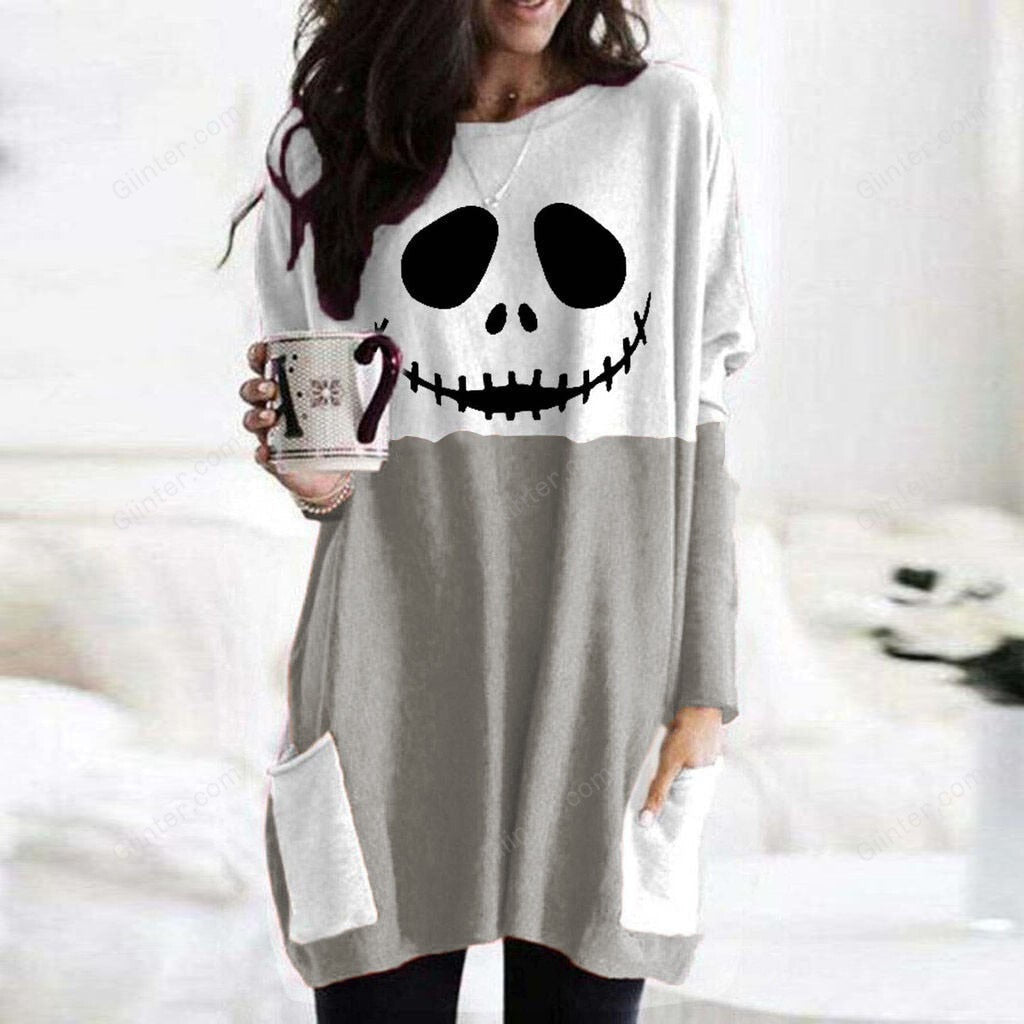 Scary Face Pumpkin Print Dress Stitching Color Long Sleeve Pocket Dress