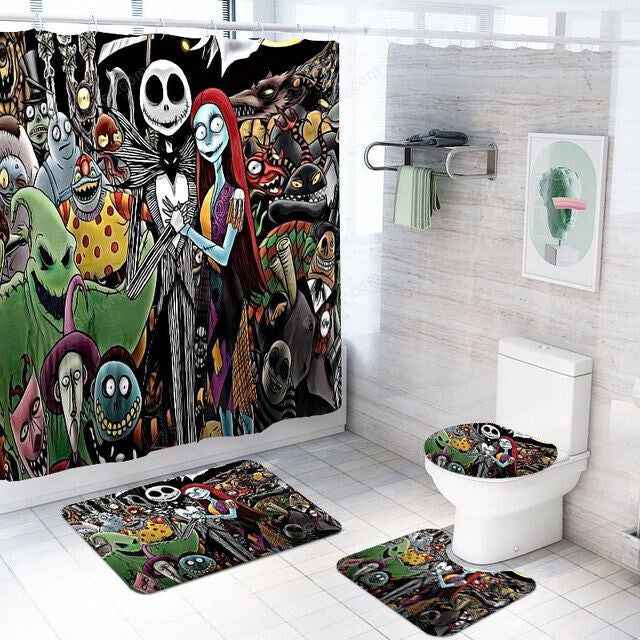 The Nightmare Before Christmas Waterproof Bath Curtain Set Toilet Cover Mat Non-Slip Rug Set Bath Curtain 4Pcs Bathroom Set