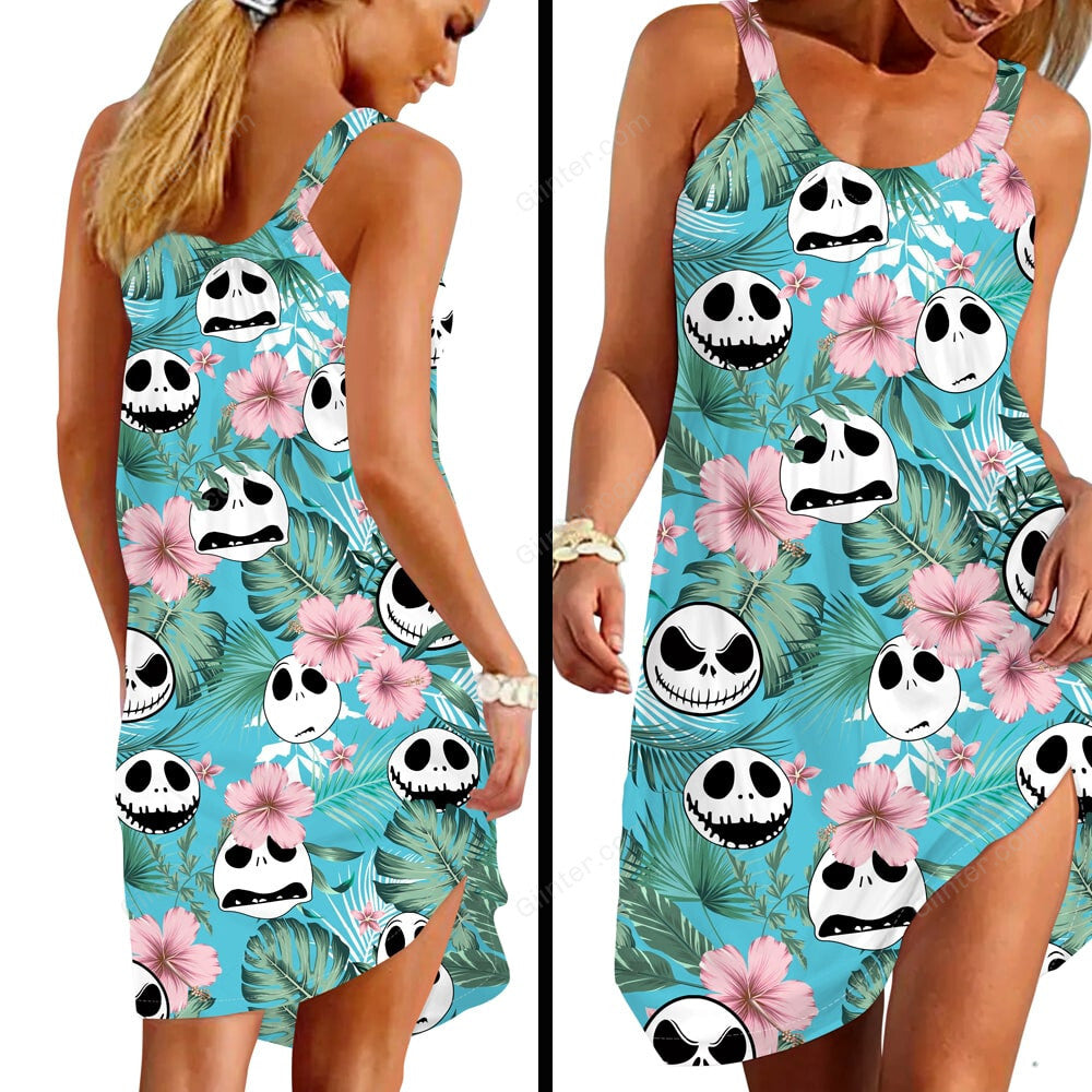 Tropical Jack Skellington Criss-Cross Tank Top & Sleeveless Beach Dress GINNBC75531