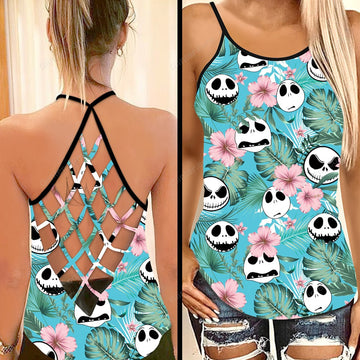 Tropical Jack Skellington Criss-Cross Tank Top & Sleeveless Beach Dress GINNBC75531