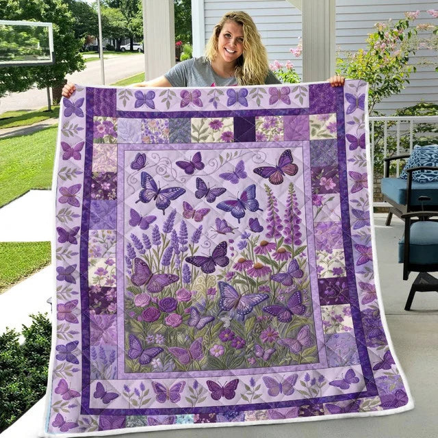 Purple Floral Butterfly Pattern Quilt Blanket QLT010