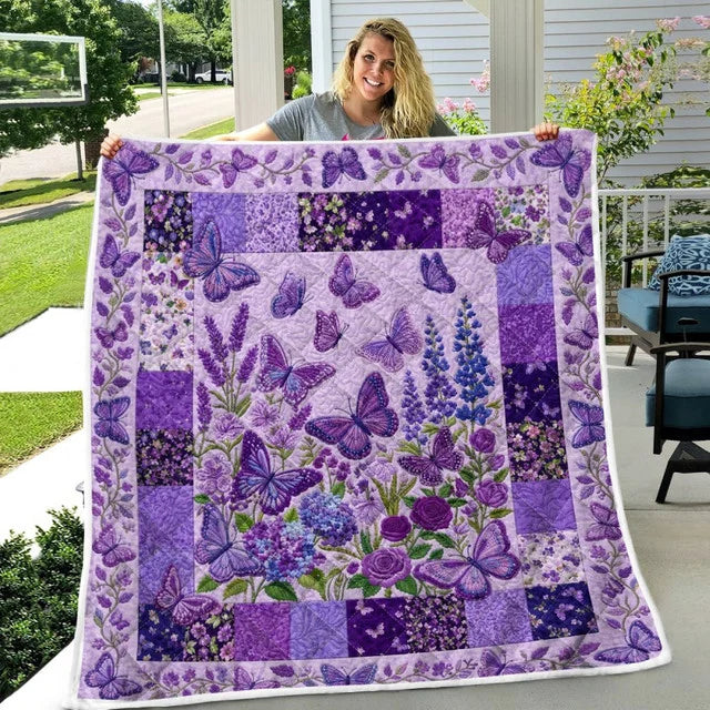 Purple Butterfly Floral Quilt Blanket QLT006