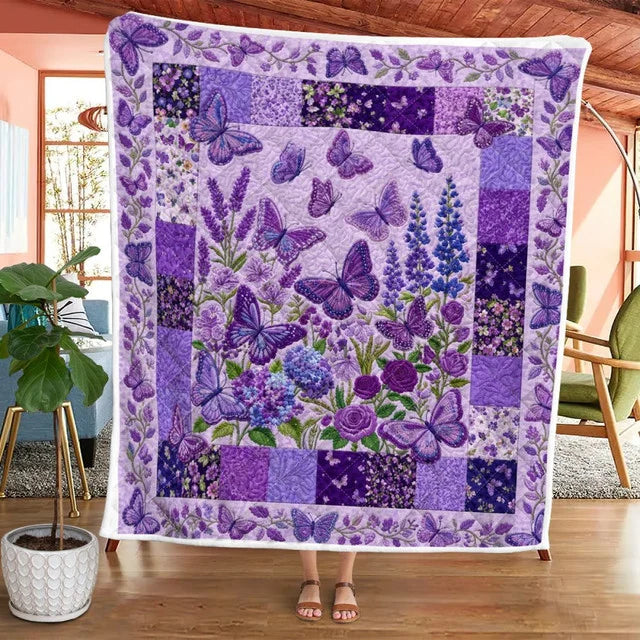 Purple Butterfly Floral Quilt Blanket QLT006