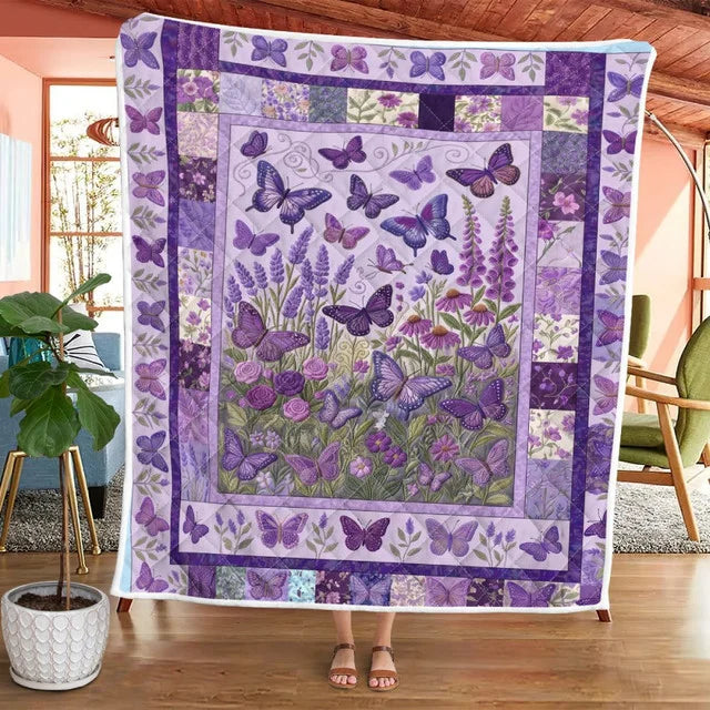 Purple Floral Butterfly Pattern Quilt Blanket QLT010