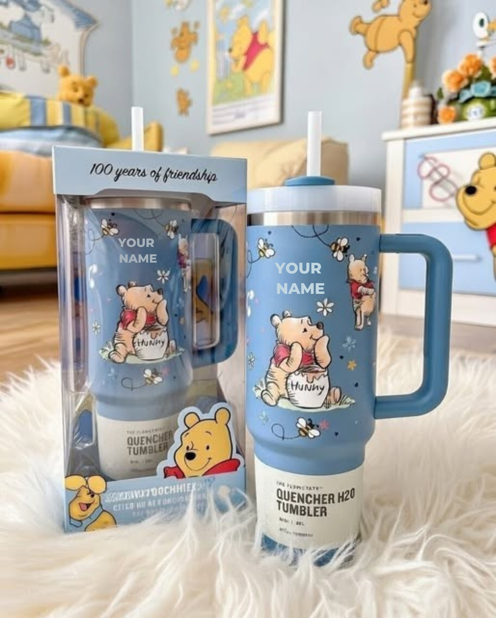 Blue/Pink Pooh 100 Years of Friendship - Personalized Tumbler 40OZ GINPOOH19