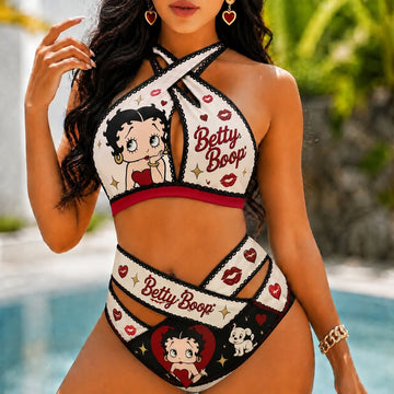 Boop Cross Strap Bikini 2 Piece High Waist Swimsuit Set GINBET28