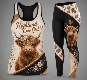 Highland Cow Girl - Combo Hollow Tank Top and Leggings GINCOW46