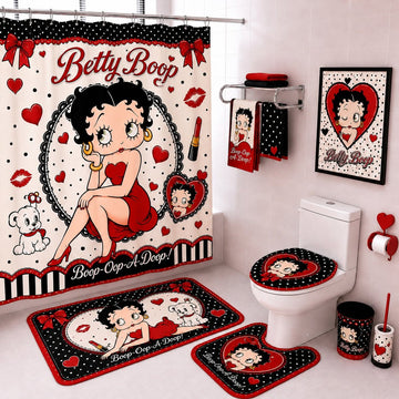 Boop Waterproof Bath Curtain Set Toilet Cover Mat Non-Slip Rug Set Bath Curtain 4Pcs Bathroom Set GINBET25