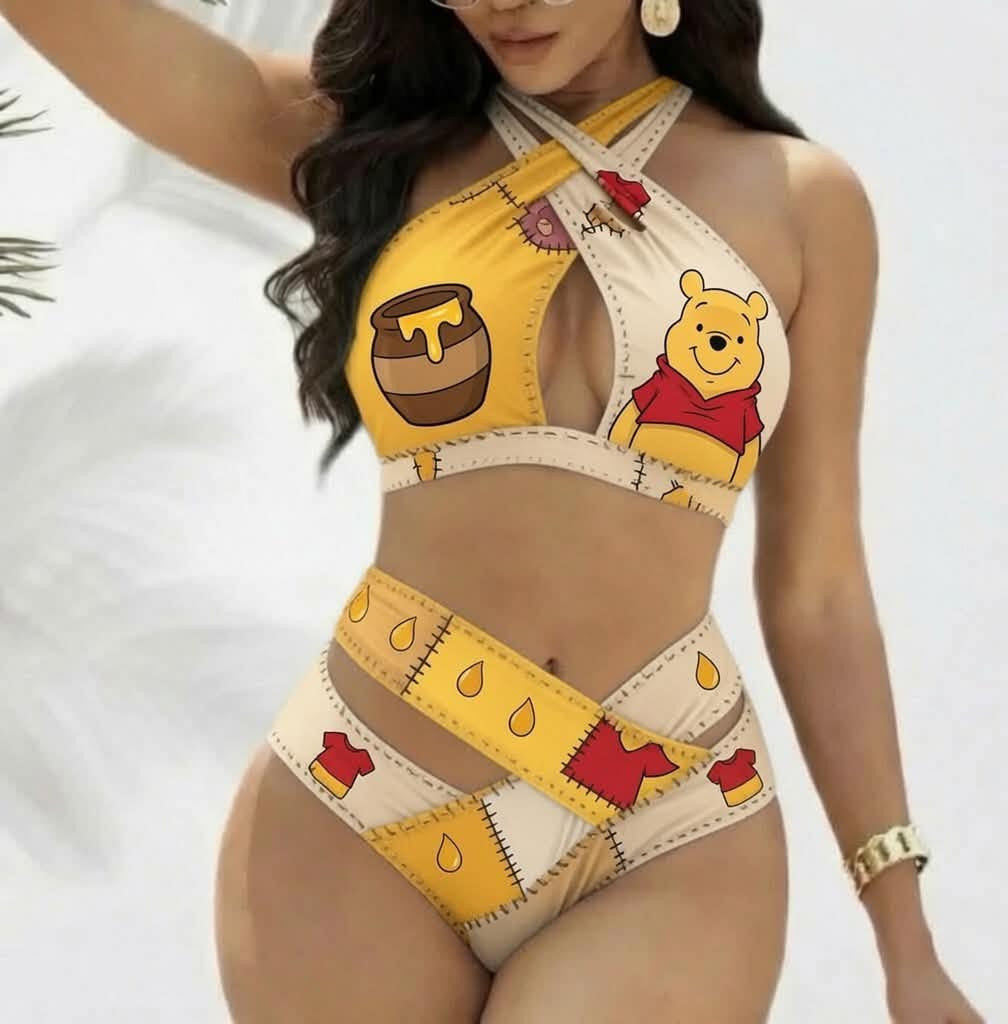 Winnie The Pooh Cross Strap Bikini 2 Piece High Waist Swimsuit Set GINPOOH126