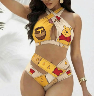Winnie The Pooh Cross Strap Bikini 2 Piece High Waist Swimsuit Set GINPOOH126