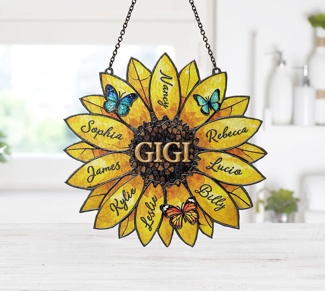 Personalized Sunflower Suncatcher, Custom Family Names, Stained Acrylic Window Art