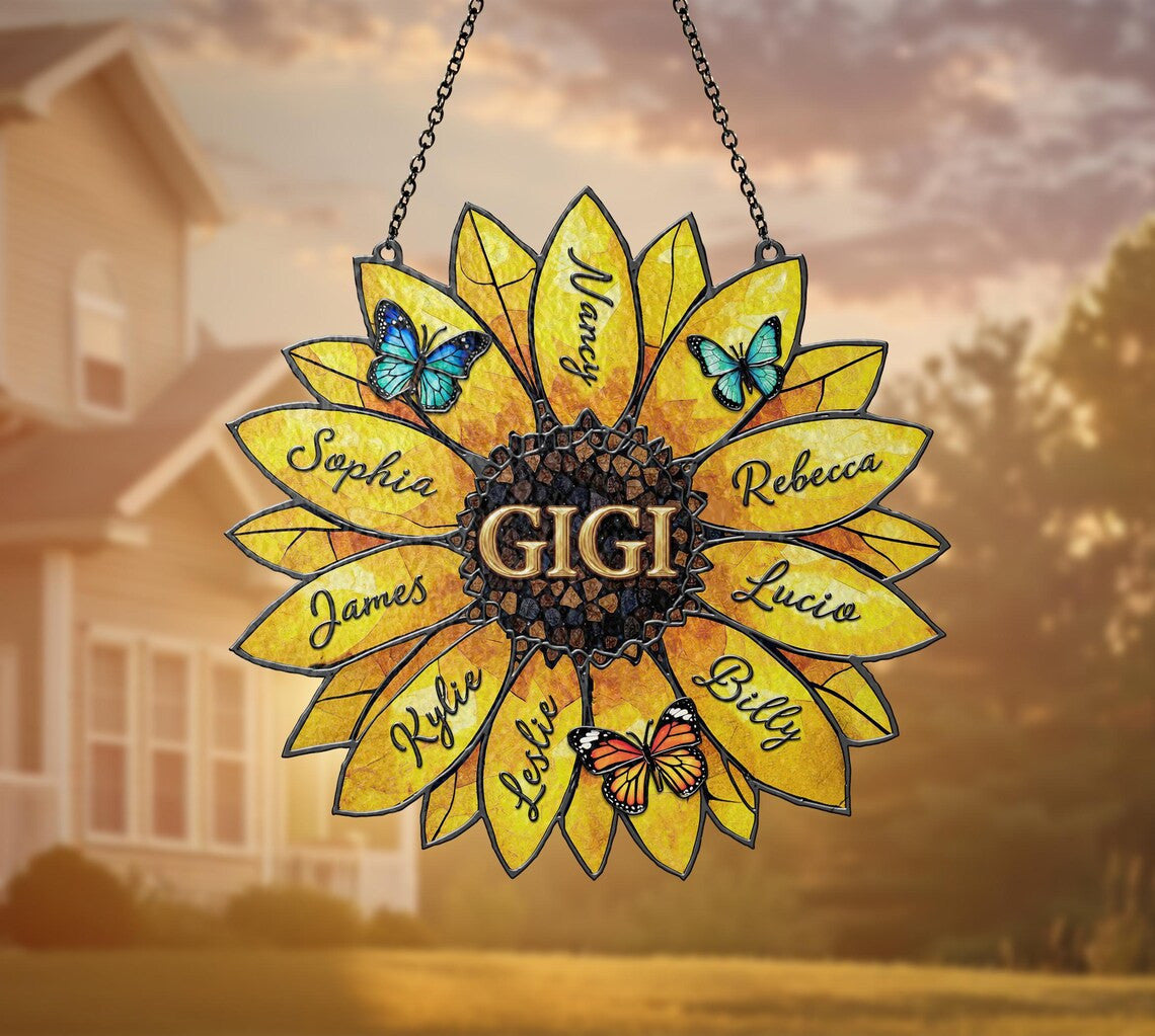 Personalized Sunflower Suncatcher, Custom Family Names, Stained Acrylic Window Art