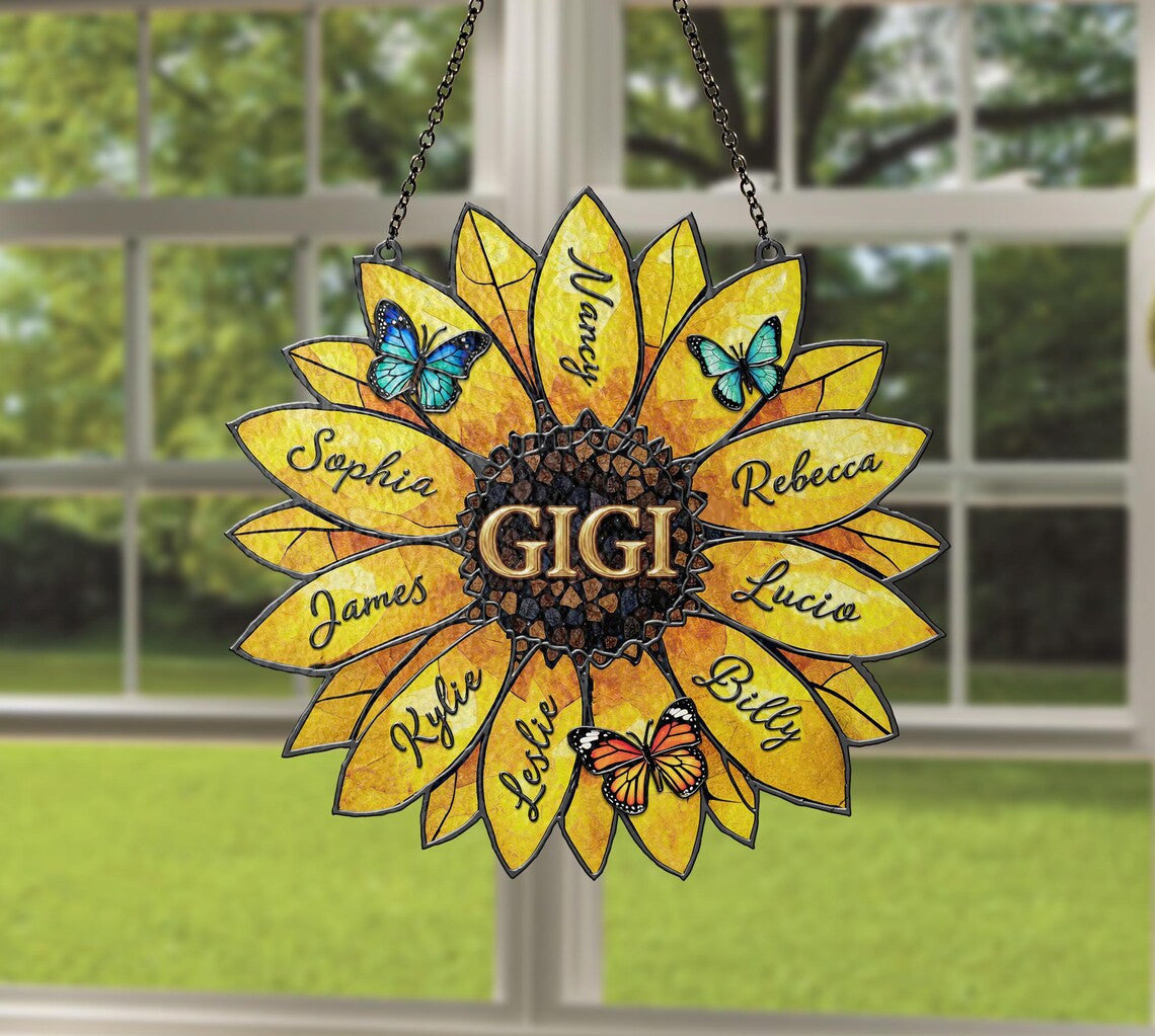 Personalized Sunflower Suncatcher, Custom Family Names, Stained Acrylic Window Art