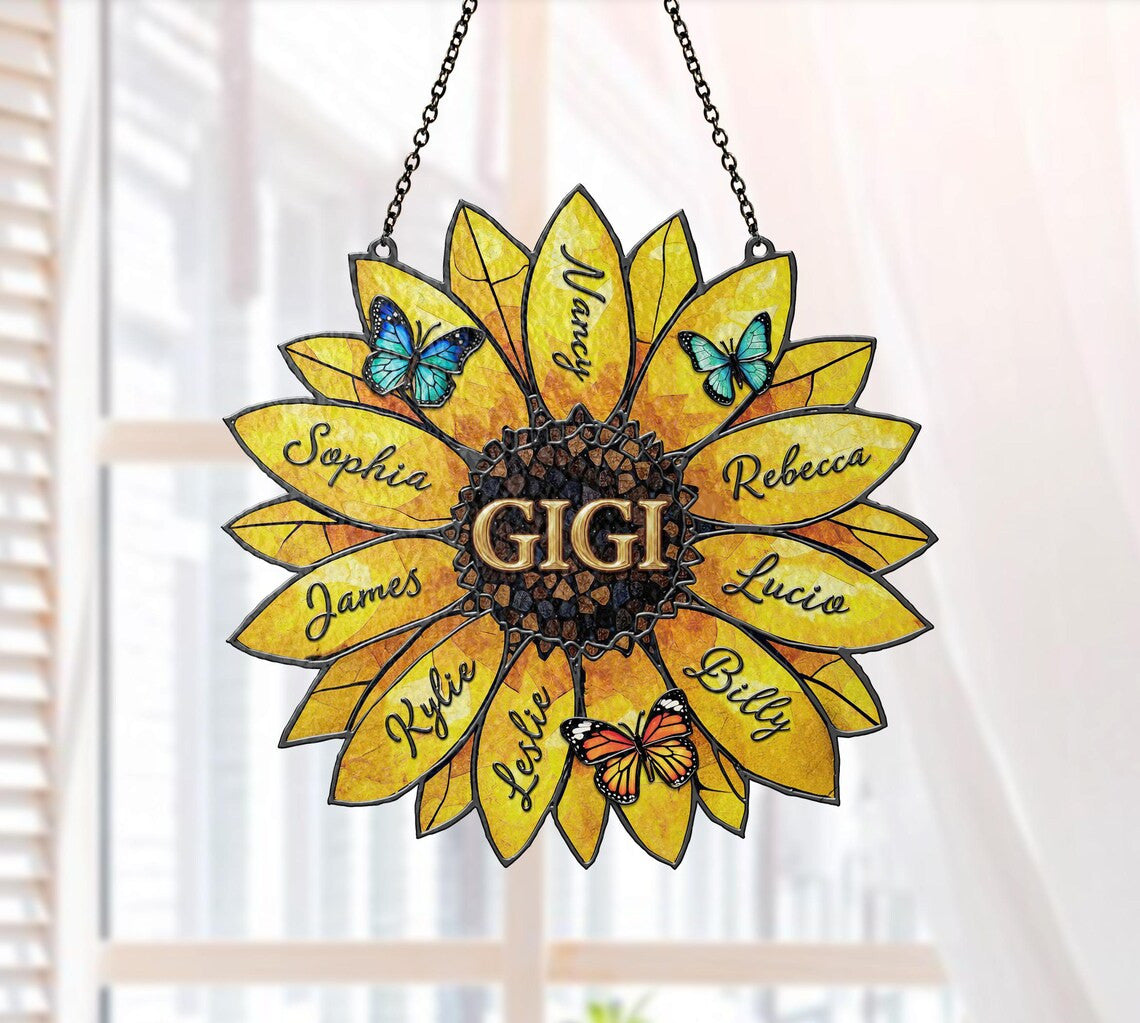 Personalized Sunflower Suncatcher, Custom Family Names, Stained Acrylic Window Art