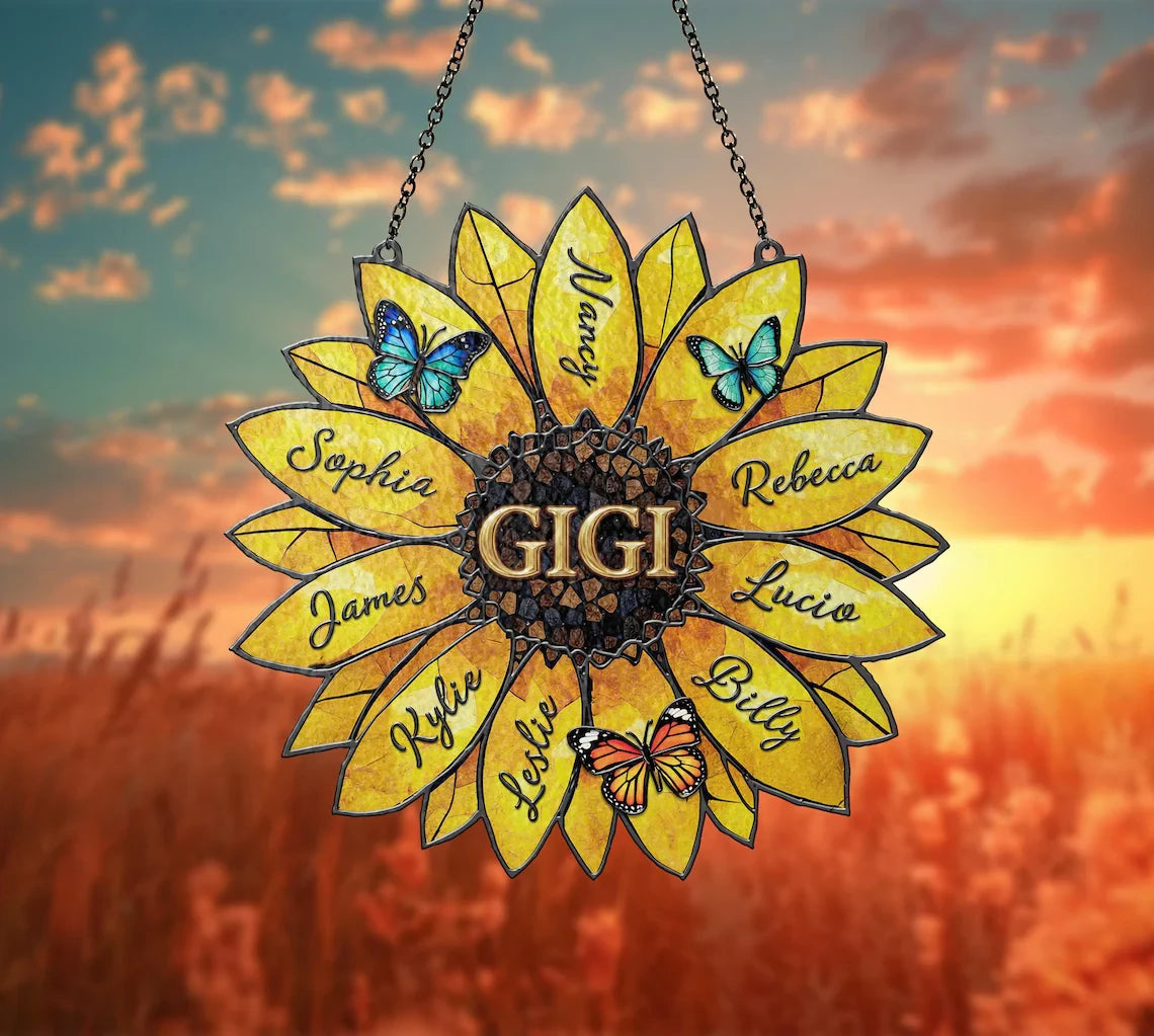 Personalized Sunflower Suncatcher, Custom Family Names, Stained Acrylic Window Art