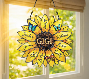 Personalized Sunflower Suncatcher, Custom Family Names, Stained Acrylic Window Art