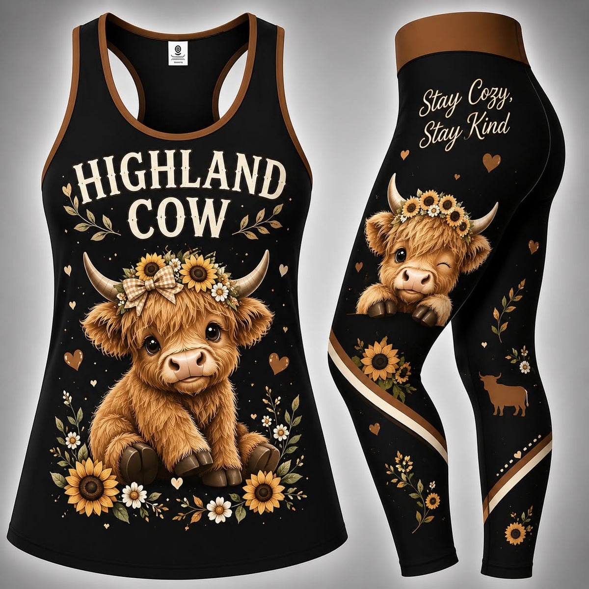 Highland Cow Stay Cozy, Stay Kind - Combo Hollow Tank Top and Leggings GINCOW48