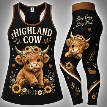 Highland Cow Stay Cozy, Stay Kind - Combo Hollow Tank Top and Leggings GINCOW48