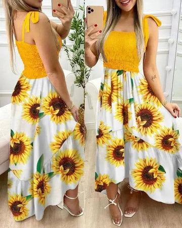 Sunflower Bohemian Print Short Tops Women Dress Sets Sexy Off-Shoulder Neck Top Split Skirts Sets 2 Piece Sets Outfits Skirts