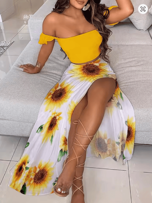 Sunflower Bohemian Print Short Tops Women Dress Sets Sexy Off-Shoulder Neck Top Split Skirts Sets 2 Piece Sets Outfits Skirts