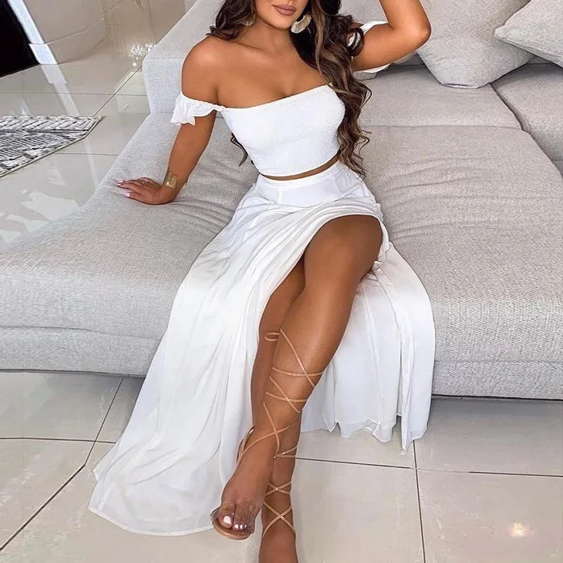 Sunflower Bohemian Print Short Tops Women Dress Sets Sexy Off-Shoulder Neck Top Split Skirts Sets 2 Piece Sets Outfits Skirts