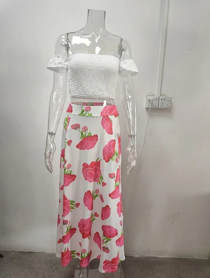 Sunflower Bohemian Print Short Tops Women Dress Sets Sexy Off-Shoulder Neck Top Split Skirts Sets 2 Piece Sets Outfits Skirts