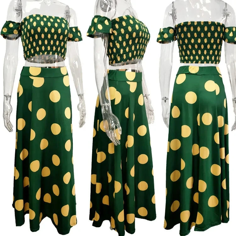 Sunflower Bohemian Print Short Tops Women Dress Sets Sexy Off-Shoulder Neck Top Split Skirts Sets 2 Piece Sets Outfits Skirts
