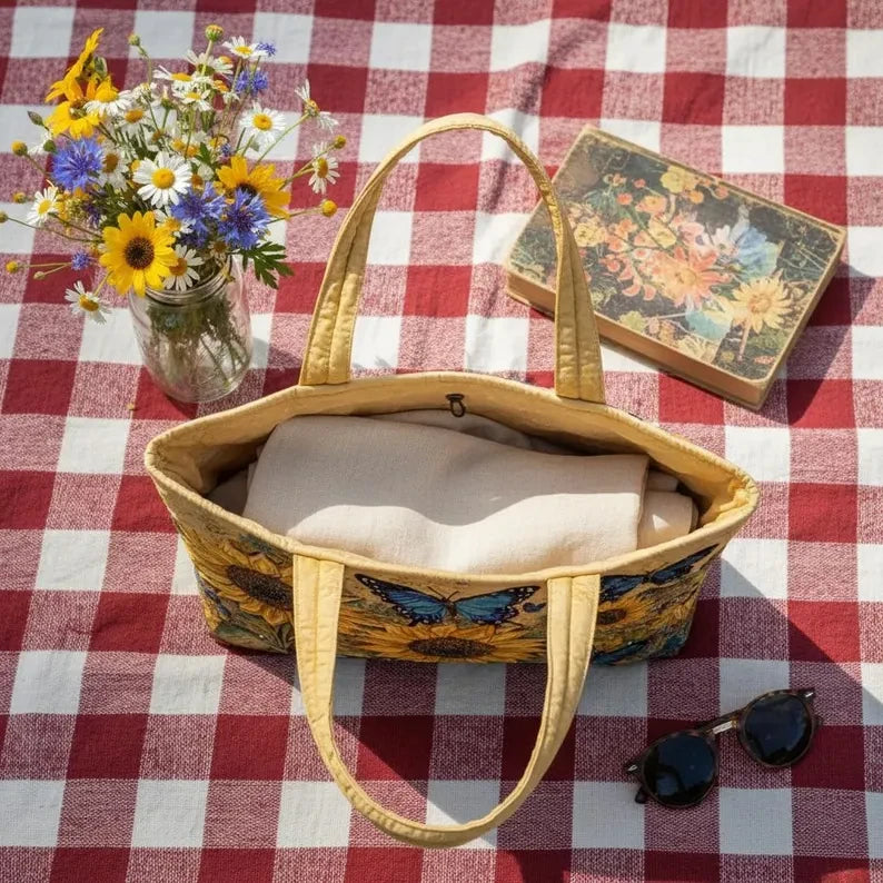 Quilted Sunflower Tote Bag, Butterfly Shoulder Bag Quilt Handbag GINSUN61