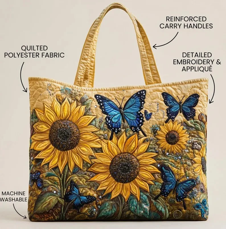 Quilted Sunflower Tote Bag, Butterfly Shoulder Bag Quilt Handbag GINSUN61