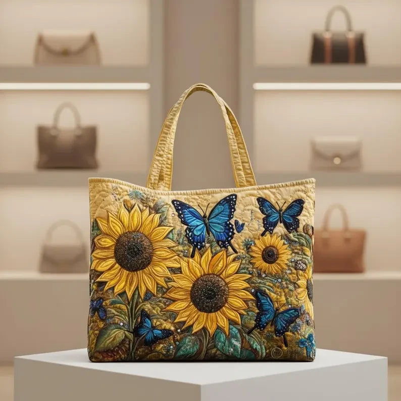 Quilted Sunflower Tote Bag, Butterfly Shoulder Bag Quilt Handbag GINSUN61
