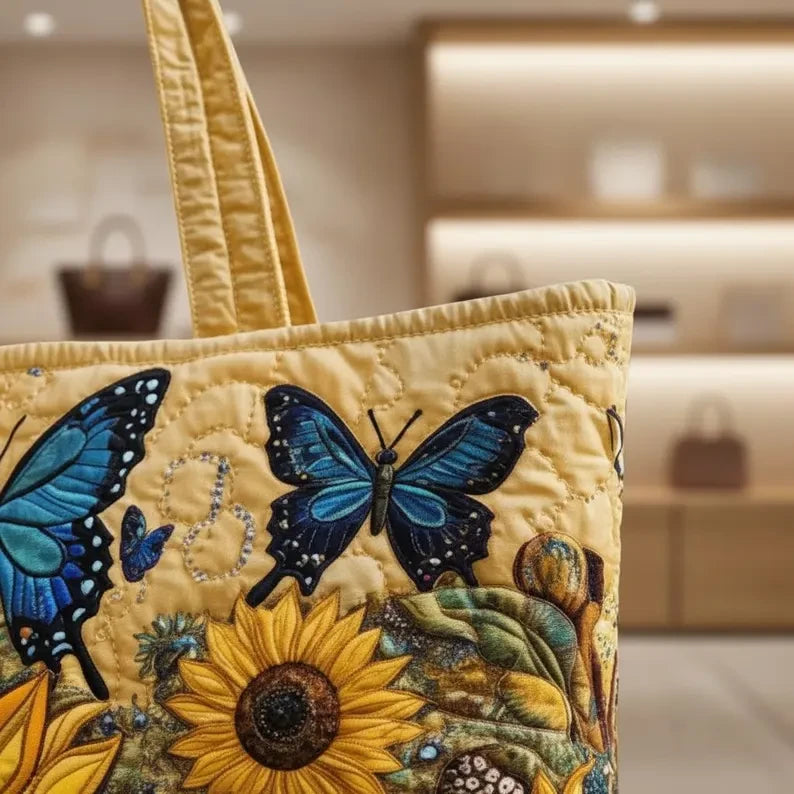 Quilted Sunflower Tote Bag, Butterfly Shoulder Bag Quilt Handbag GINSUN61