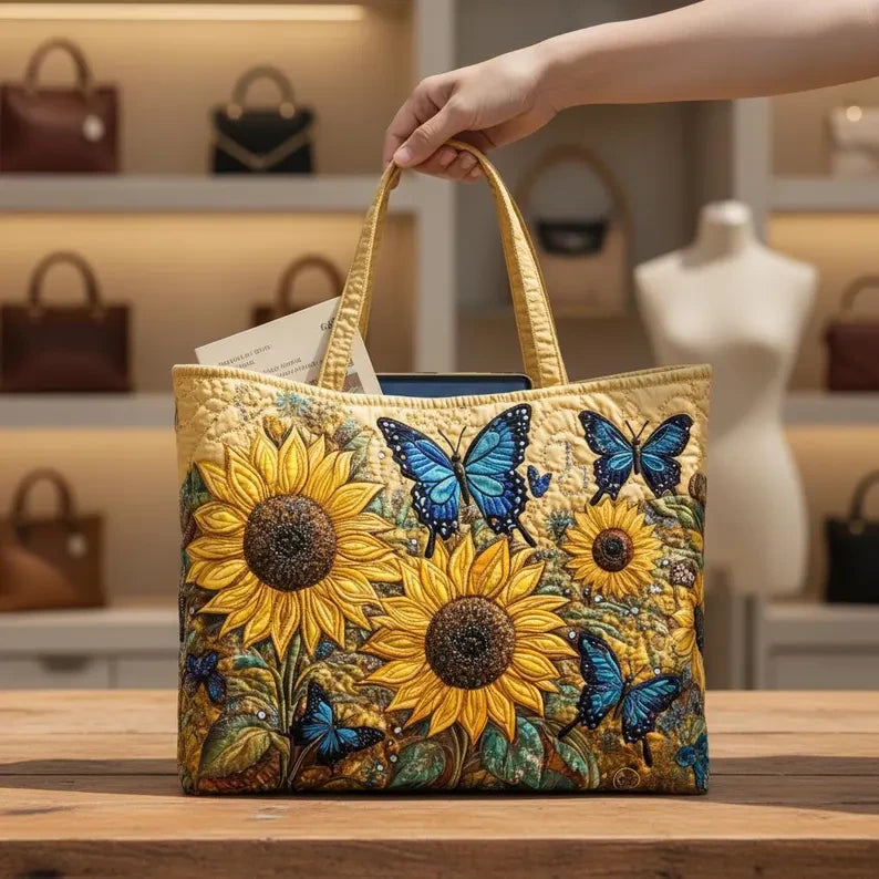 Quilted Sunflower Tote Bag, Butterfly Shoulder Bag Quilt Handbag GINSUN61