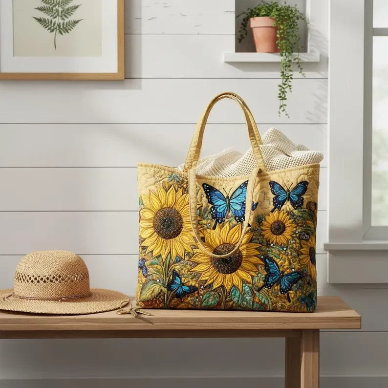 Quilted Sunflower Tote Bag, Butterfly Shoulder Bag Quilt Handbag GINSUN61