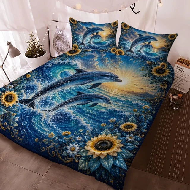 Floral Dolphins Sunrise - Quilt Bedding Set GINDOP23