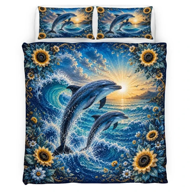 Floral Dolphins Sunrise - Quilt Bedding Set GINDOP23