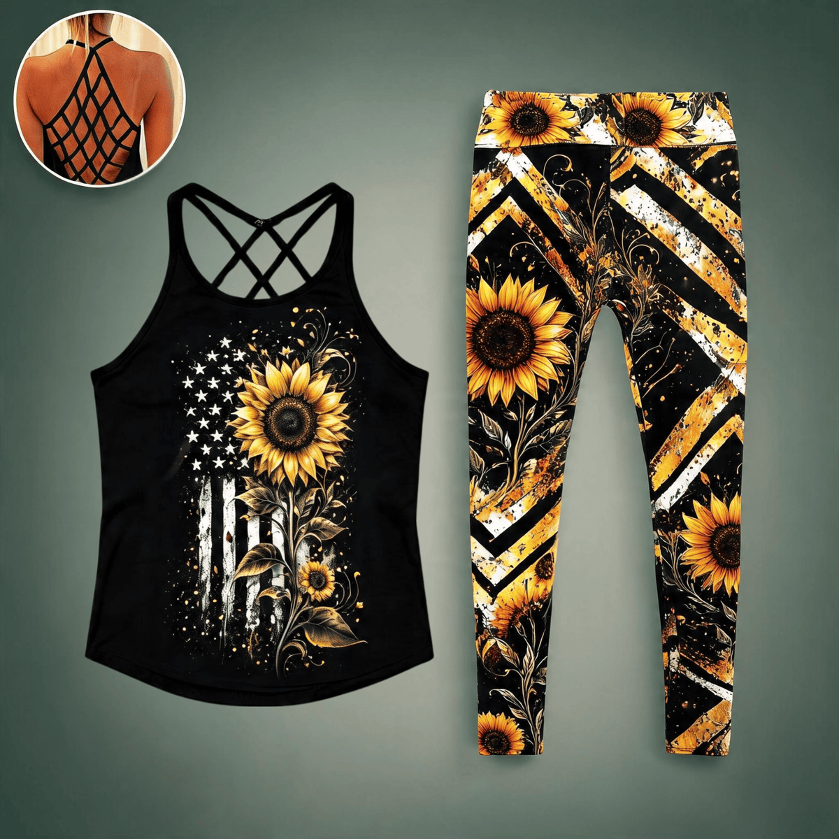 Retro Vintage Sunflower - Combo Criss-Cross Tank Top and Leggings GINSUN05