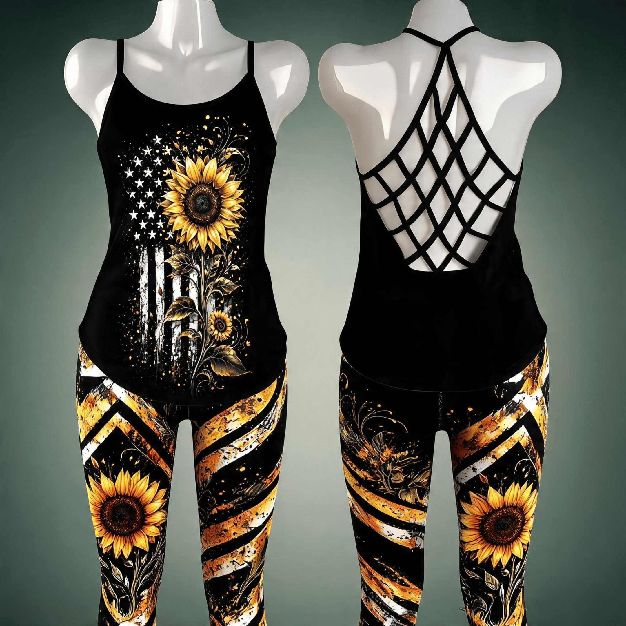 Retro Vintage Sunflower - Combo Criss-Cross Tank Top and Leggings GINSUN05