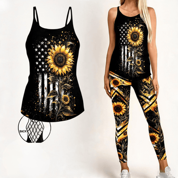 Retro Vintage Sunflower - Combo Criss-Cross Tank Top and Leggings GINSUN05