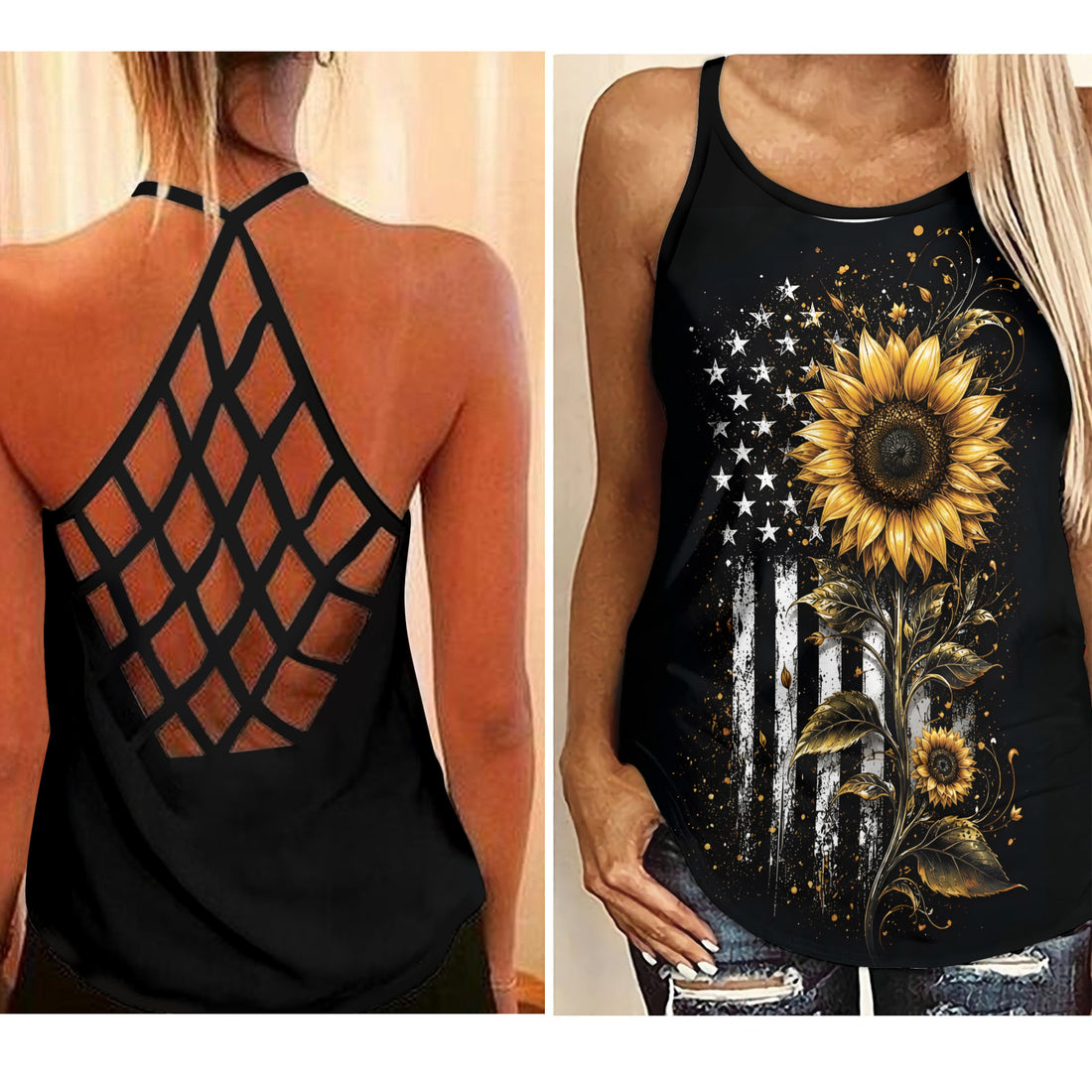 Retro Vintage Sunflower - Combo Criss-Cross Tank Top and Leggings GINSUN05