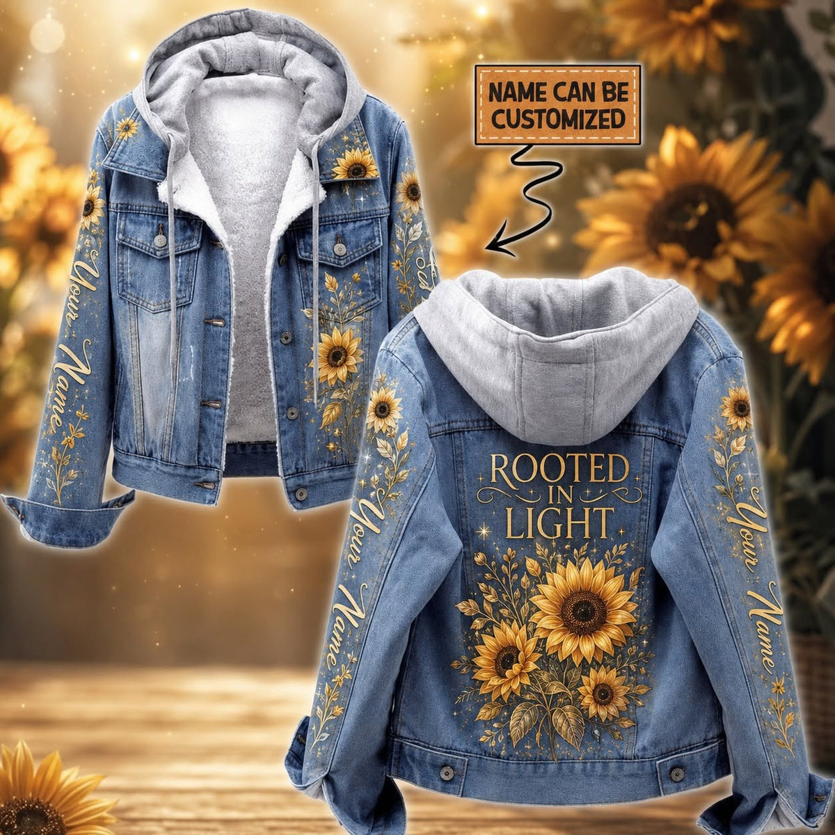 Sunflower Rooted In Light - Custom Name Hooded Denim Jacket GINSUN78