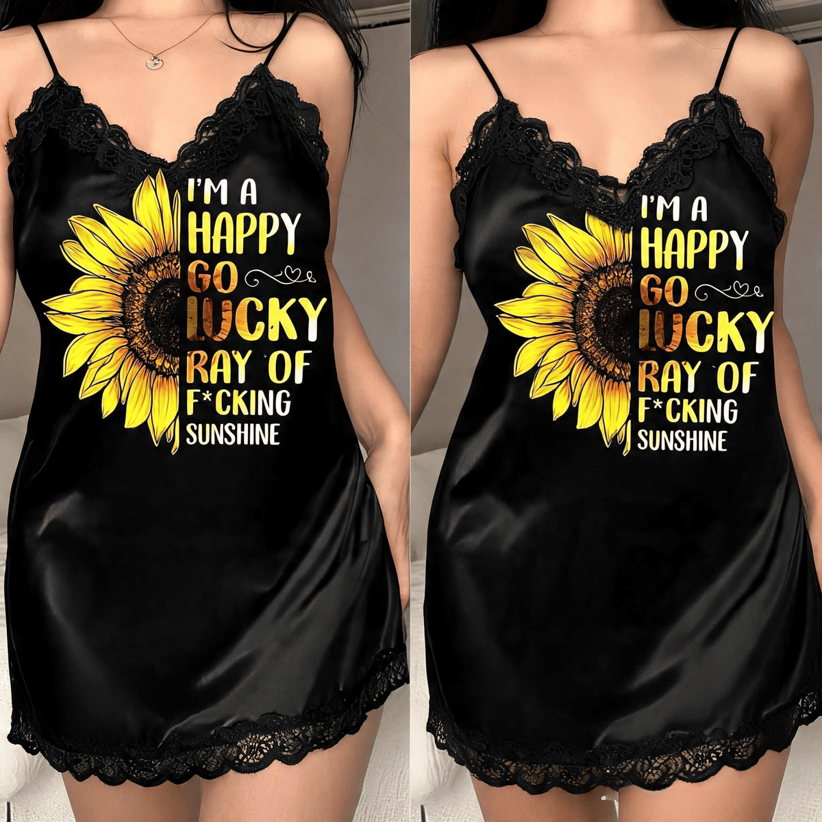 Sunflower I'm A Happy Go Lucky All-Over Women's Cami Dress With Lace Edge GINSUN08