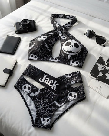 Jack Skellington Cross Strap Bikini 2 Piece High Waist Swimsuit Set GINNBC1754